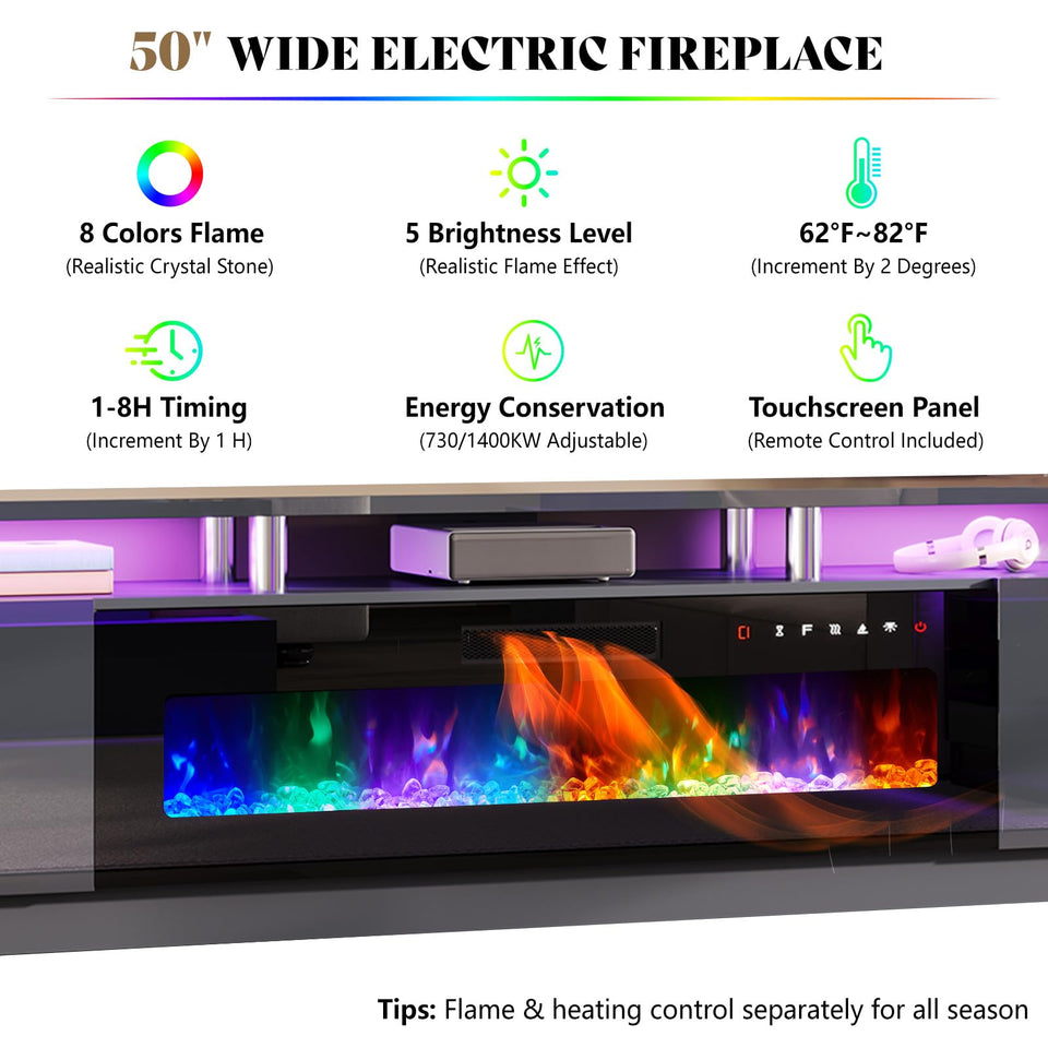 AMERLIFE Fireplace TV Stand with 36" Fireplace, 70" Modern High Gloss Fireplace Entertainment Center LED Lights, 2 Tier TV Console Cabinet for TVs Up to 80", Obsidian Black