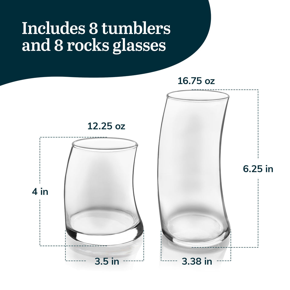 Libbey Ascent Tumbler and Rocks Drinking Glasses Set of 16, Glass Drinking Glasses with Curvature, Versatile Glassware Set for Parties and More