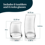 Libbey Ascent Tumbler and Rocks Drinking Glasses Set of 16, Glass Drinking Glasses with Curvature, Versatile Glassware Set for Parties and More