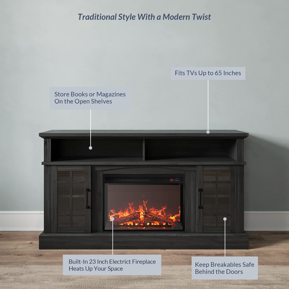 BELLEZE Traditional 58" Rustic TV Stand with 23" Electric Fireplace Heater with Sound, Media Entertainment Center Console Table for TV up to 65" with Open Storage Shelves and Cabinets - Espresso