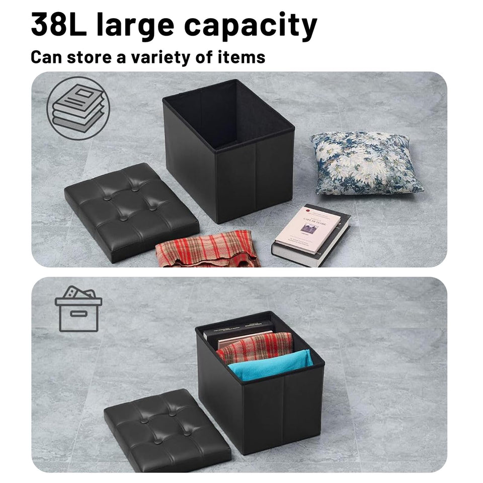 Bsketa Storage Ottoman, Folding Foot Stool with Thicker Foam Padded Seat Small Leather Storage Ottoman Bench Foot Rest for Living Room Foldable Coffee Table 17x13x13in,Black