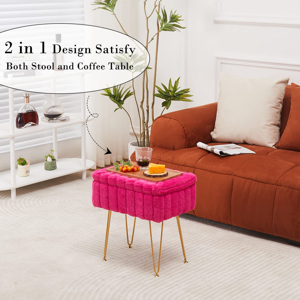 Wimarsbon Storage Ottoman, Vanity Stools with Metal Legs, 16.5" x 11.8" x 18" Modern Faux Mink Fur Footstool, Makeup Chair with Anti-Slip Feet, Accent Table,Footrest,Storage Bench for Bedroom