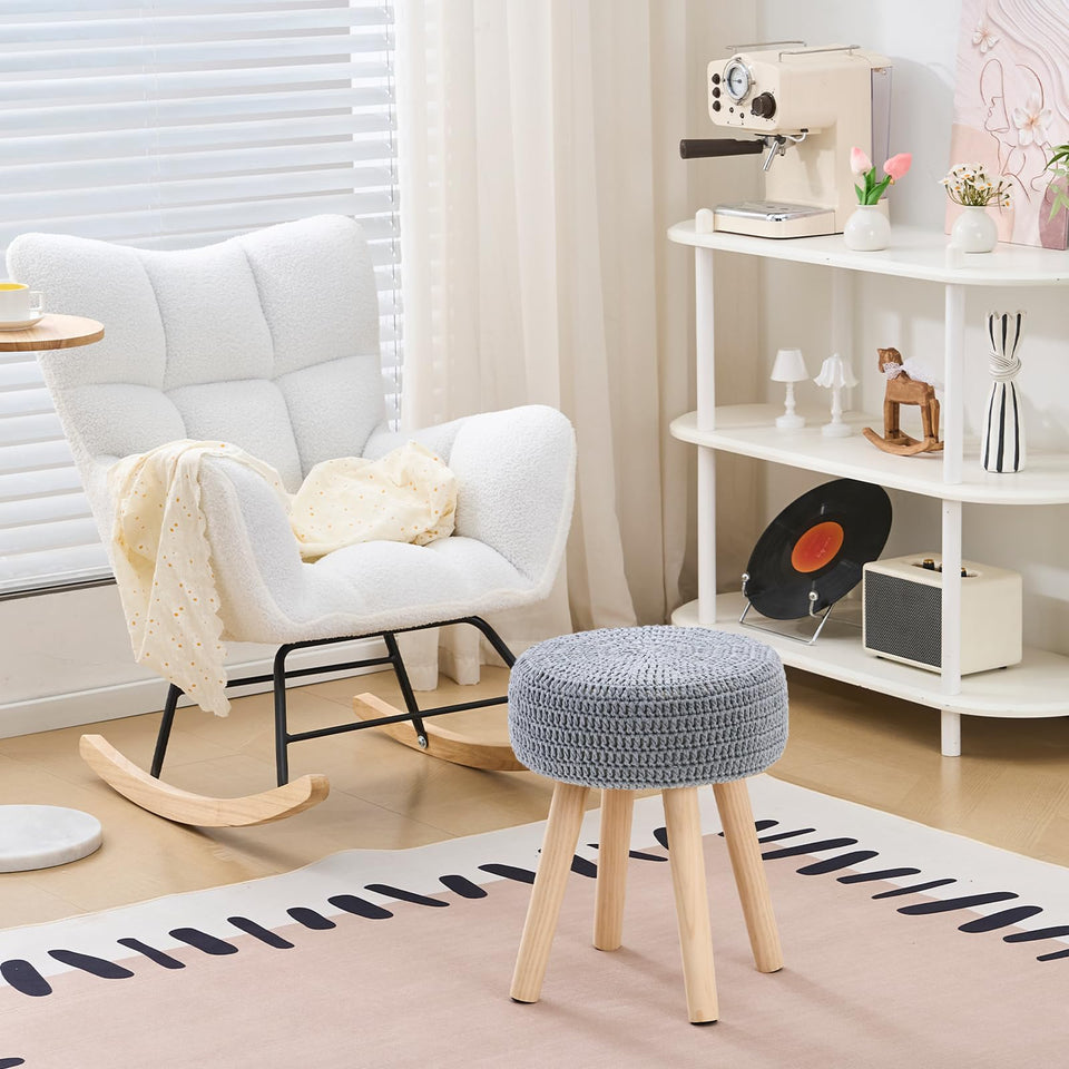 Wimarsbon Pouf Ottoman, 100% Cotton Knitted Boho Footstool, Round Footrest with Non-Skid Wood Legs, Home Décor Handmade Pouffe, Leisure Floor Step Stool for Living Room (Beige)