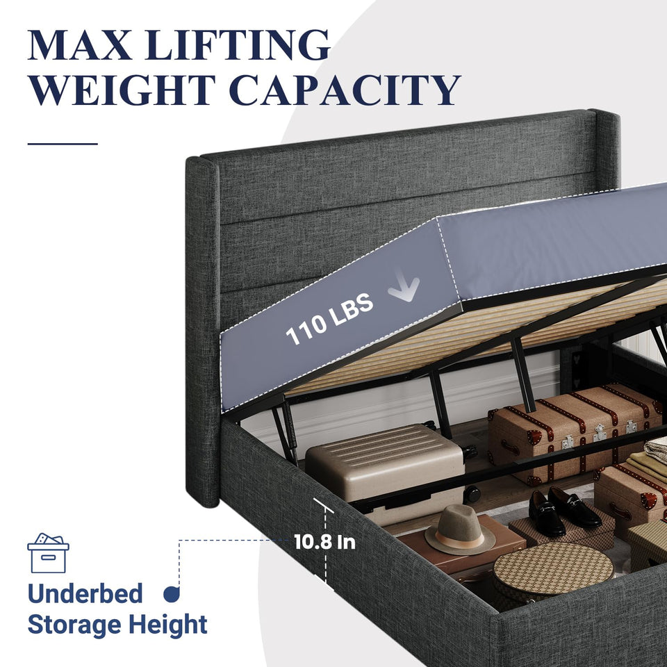 Allewie King Size Lift Up Storage Bed, Modern Wingback Headboard, Hydraulic Support, No Box Spring Needed, Light Beige