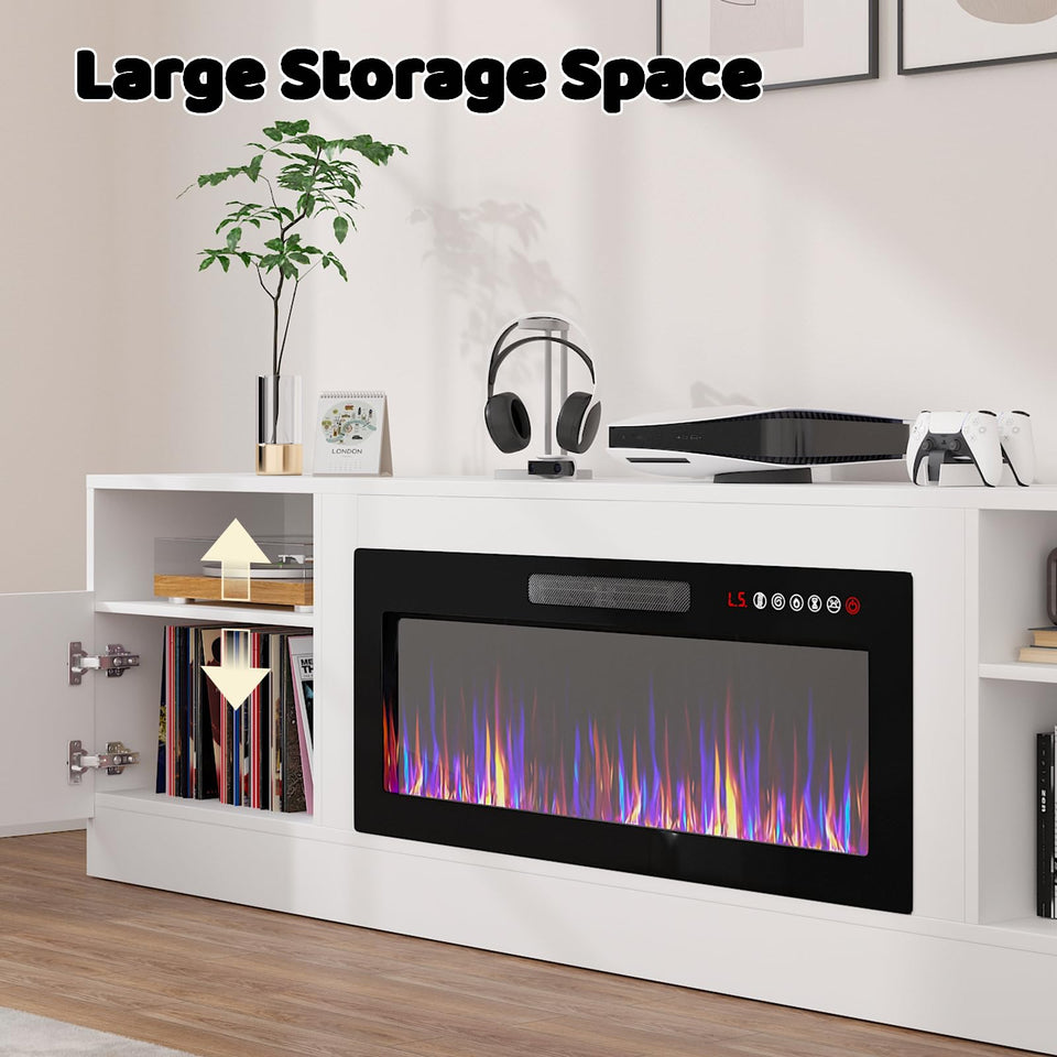 Lemberi Fireplace tv Stand with 36 inch Fireplace Up to 90" TVs, LED Light Entertainment Center and Storage, 80" Modern Wood Media TV Console with Highlight Cabinet for Living Room (White)