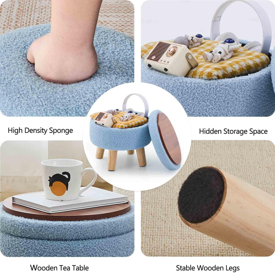 Wimarsbon Storage Ottoman, Modern Round Footrest with Soft Padded Seat, Teddy Velvet Footstool with Wood Legs, Accent Small Table or Plant Stand for Hallway, Living Room (Cream)