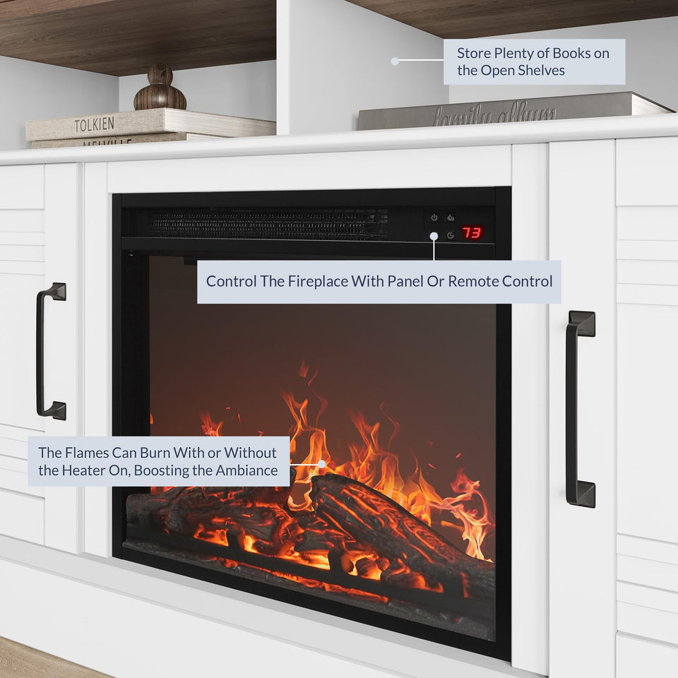 BELLEZE Traditional 58" Rustic TV Stand with 23" Electric Fireplace Heater with Sound, Media Entertainment Center Console Table for TV up to 65" with Open Storage Shelves and Cabinets - Espresso