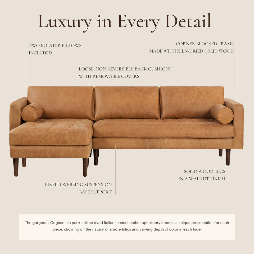 POLY & BARK Napa 72" Apartment Sofa – Italian-Tanned Full-Grain Pure-Aniline or Semi-Aniline Leather, Feather-Down Cushioning, Kiln-Dried Solid Wood Frame, Walnut Legs - Cognac Tan