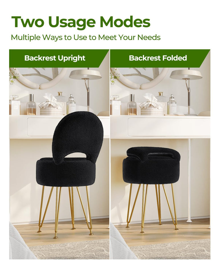 GREENSTELL Small Vanity Stool Chair with Storage and Folding Back, 13" x 13" x 17.7" Faux Fur Soft Ottoman for Teenager, 4 Metal Legs with Anti-Slip Feet, Furry Padded Seat for Makeup, Bedroom, White