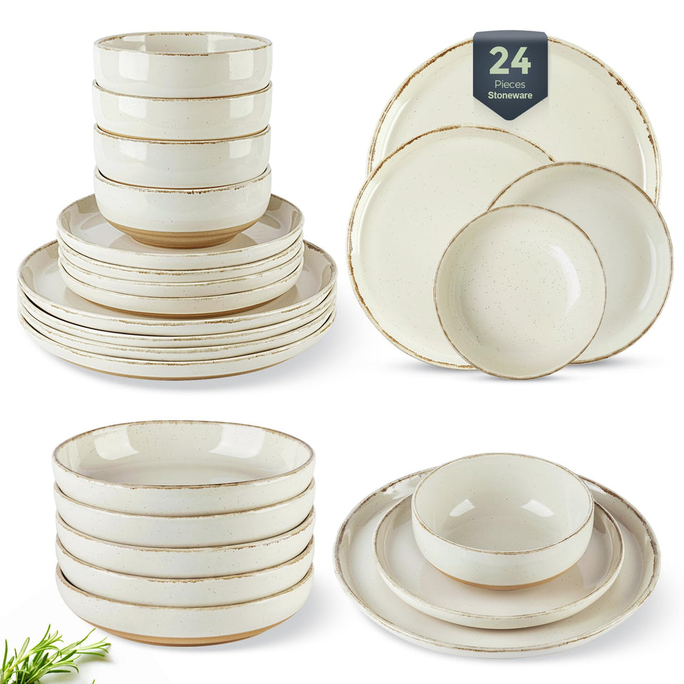 AmorArc Ceramic Dinnerware Sets for 8, 24 Pieces Handpainted Plates and Bowls Set with Rustic Terracotta Underside, Scratch Resistant Stoneware Dishes Set, Dishwasher & Microwave Safe, Light Beige