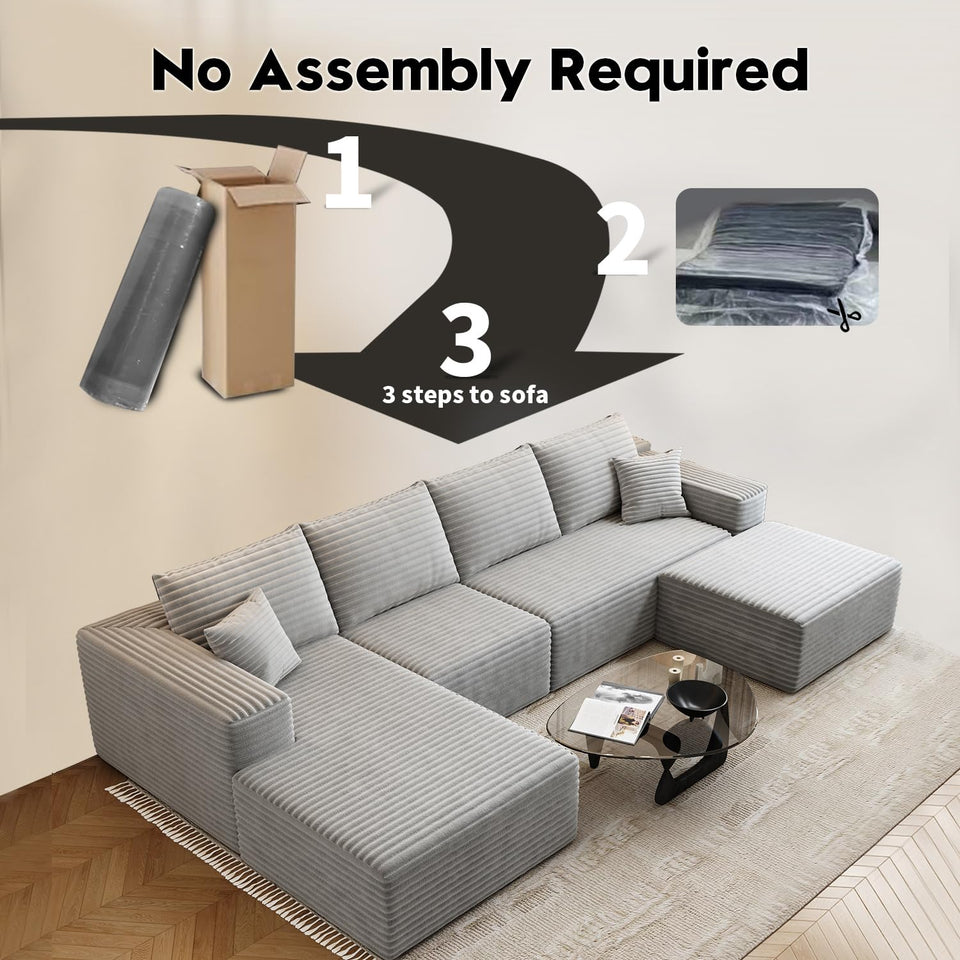 135.4" Cloud Modular Sectional Couch with 1 Ottoman,Modern Minimalist Upholstered Couches, Comfort U Shaped Sofa for Living Room,Deep Seat Corner Couch，No Assembly Required (Black,Left Facing Chaise)