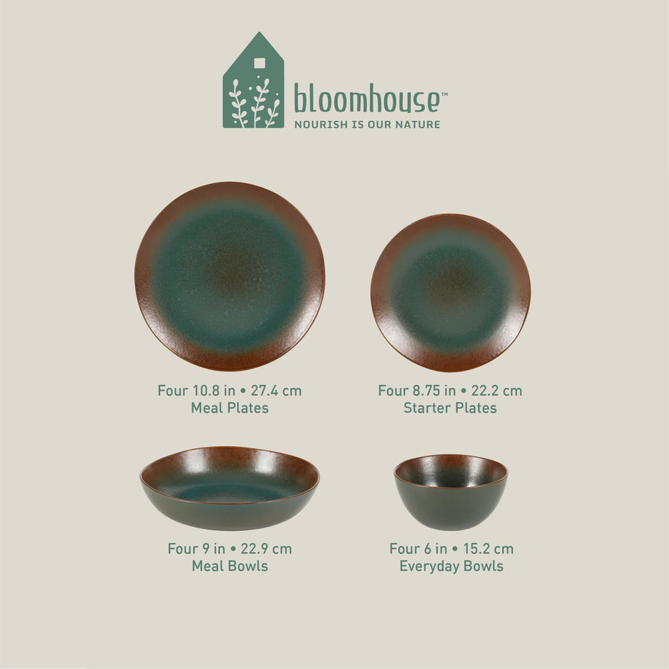 Bloomhouse Santorini Mist Double Bowl Terracotta Reactive Glaze Plates and Bowls Dinnerware Set - Amber, Service for Four (16pcs)