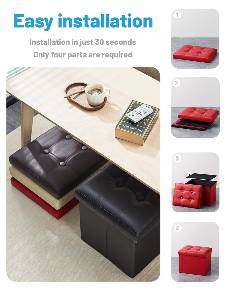 AmasSmile Storage Ottoman Folding Foot Rest Stool, Leather Footstool Bench, Short Ottoman Stool, Storage Foot Rest Store, Books (Black, 17" D x 13" W x 13" H)