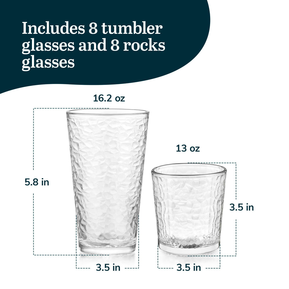 Libbey Ascent Tumbler and Rocks Drinking Glasses Set of 16, Glass Drinking Glasses with Curvature, Versatile Glassware Set for Parties and More