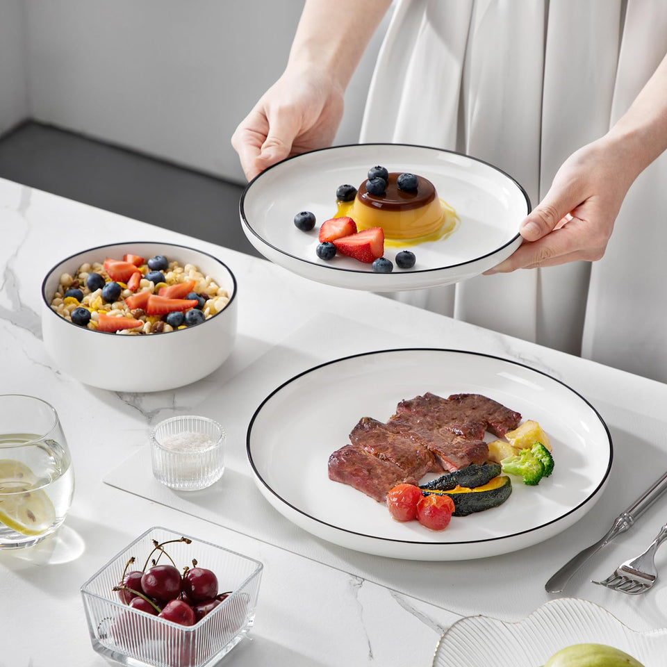 MALACASA Plates and Bowls Sets, 24 Pieces Modern Porcelain Dinnerware Set for 6 Ceramic Dishware Dishes White Kitchen Dinner Dining Ware Set wtih Black Rim Microwave and Dishwasher Safe, Series LUNA