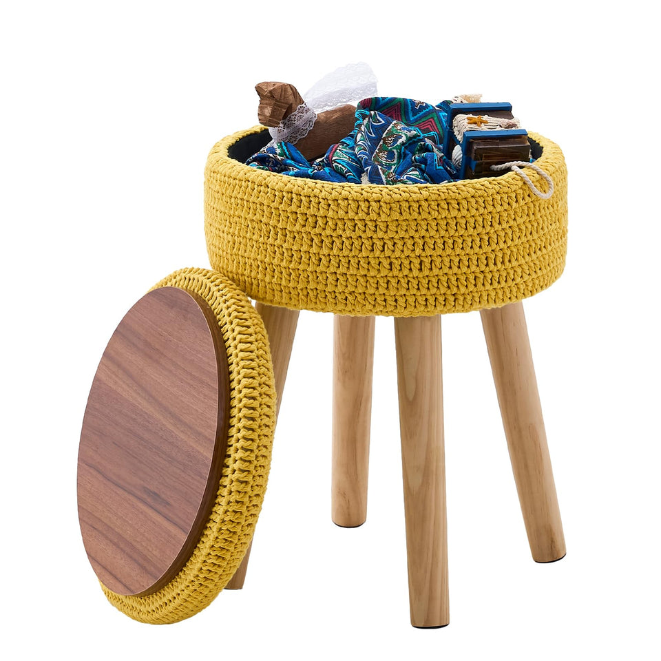 Wimarsbon Pouf Ottoman, 100% Cotton Knitted Boho Footstool, Round Footrest with Non-Skid Wood Legs, Home Décor Handmade Pouffe, Leisure Floor Step Stool for Living Room (Beige)