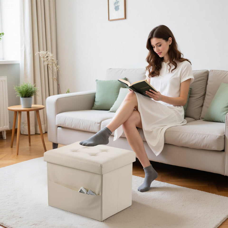Bsketa Storage Ottoman, Folding Foot Stool with Thicker Foam Padded Seat Small Leather Storage Ottoman Bench Foot Rest for Living Room Foldable Coffee Table 17x13x13in,Black