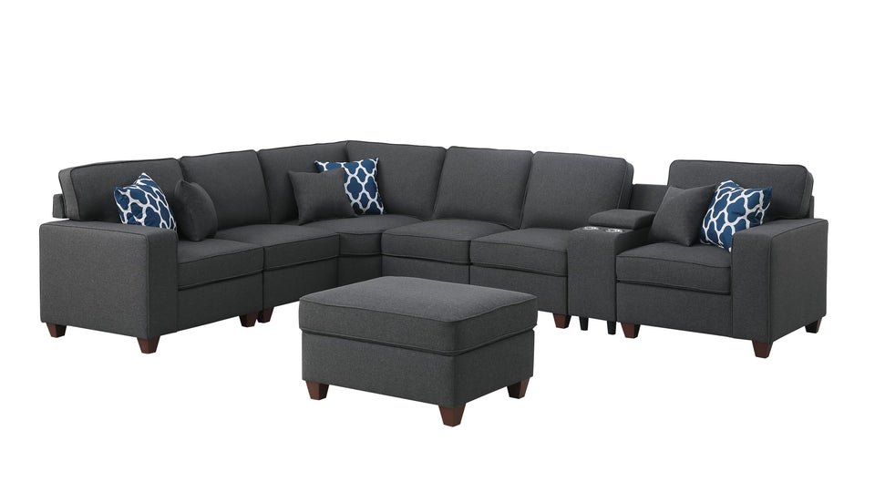 YOPTO 127" L-Shaped Sectional Couch with Movable Ottoman & 6 Throw Pillows,7 Seat Chenille Upholstered Sofa W/2 Cup Holder,USB Port & Hidden Storage Box,DIY Combination,for Living Room,Apartment,Beige