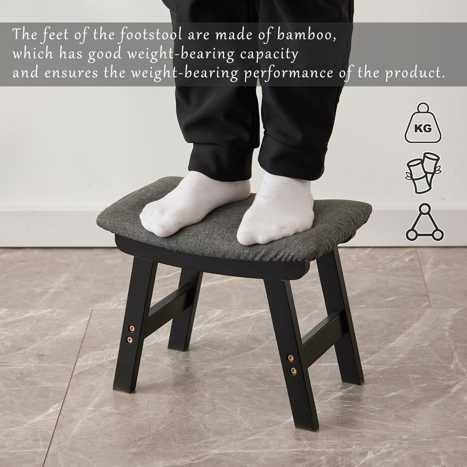 Foot Stool,Ottoman,Bamboo Small Sofa Foot Rest Under Desk,Extra Seating for Living Room, Bedroom and Kitchen(Brown Stool Legs - Beige Surface)