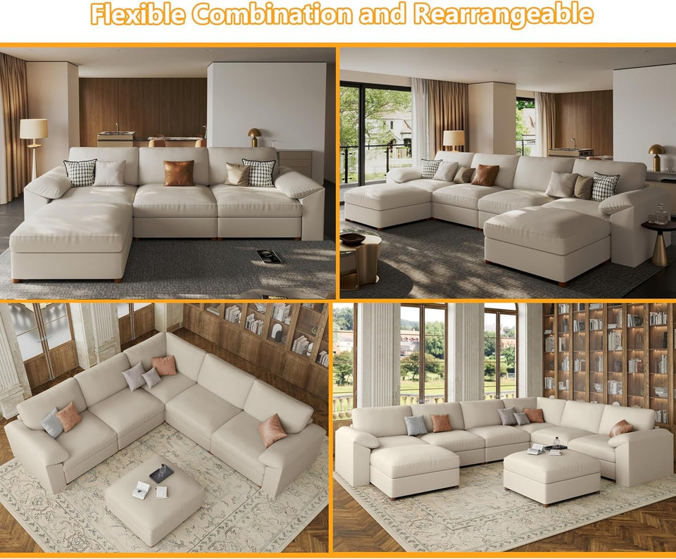 EASE MOOSE Leather Sectional Couch, Oversized Modular Sectional Sofas, Wide Deep Seat Modular Couch, Scratch Resistant Faux Leather Material, L Shaped Sofa for Big Spaces,Beige