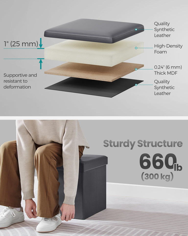 SONGMICS MAZIE Collection - 43 Inches Folding Storage Ottoman Bench, Ottoman with Storage, Foot Rest Stool, Load 660 lb, for Living Room, Synthetic Leather, Black ULSF701