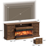Huuger Fireplace TV Stand with LED Lights for 75 Inch TV, 3-Side Glass Fireplace Entertainment Center, 70 Inch Farmhouse Television Stands Stand with 4 Deep Drawers for Living Room, Brown