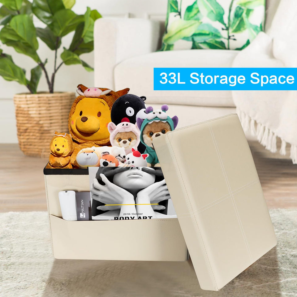 AmasSmile Storage Ottoman Folding Foot Rest Stool, Leather Footstool Bench, Short Ottoman Stool, Storage Foot Rest Store, Books (Black, 17" D x 13" W x 13" H)