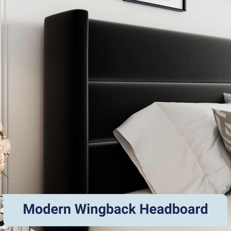 Allewie King Size Lift Up Storage Bed, Modern Wingback Headboard, Hydraulic Support, No Box Spring Needed, Light Beige