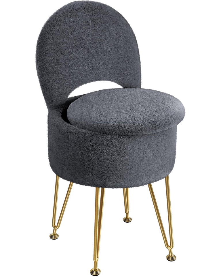 GREENSTELL Small Vanity Stool Chair with Storage and Folding Back, 13" x 13" x 17.7" Faux Fur Soft Ottoman for Teenager, 4 Metal Legs with Anti-Slip Feet, Furry Padded Seat for Makeup, Bedroom, White