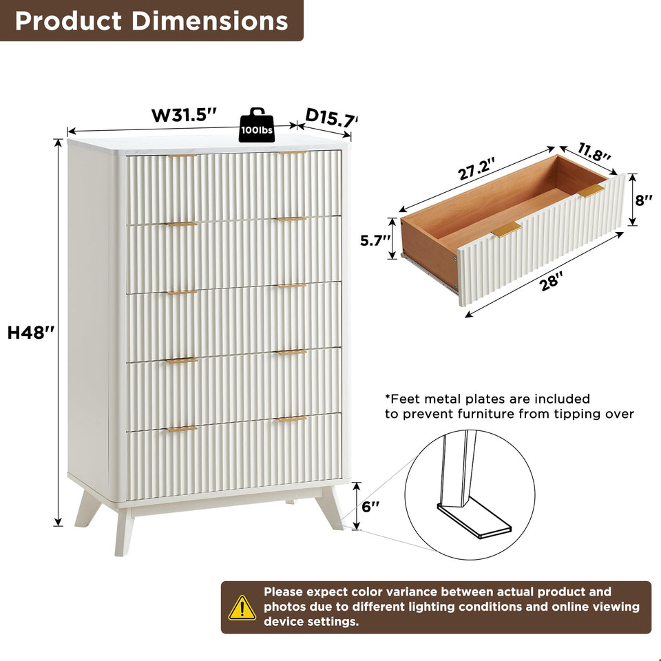 T4TREAM Fluted 7 Drawers Dresser, 54" Wide Modern Chest of Drawers with Faux Marble Top, Curved Profile Design, Dresser TV Stand, Wood Drawer Organizer for Bedroom, Living Room, Hallway, Natural Oak