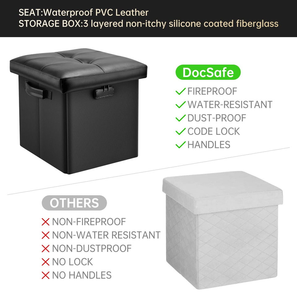 DocSafe Storage Ottoman with Lock,Fireproof Folding Ottoman Foot Rest Stool Storage Chest with Storage Safe for Important Documents,Waterproof 17 Inches Short Ottoman Foot Stool with Handles,Black