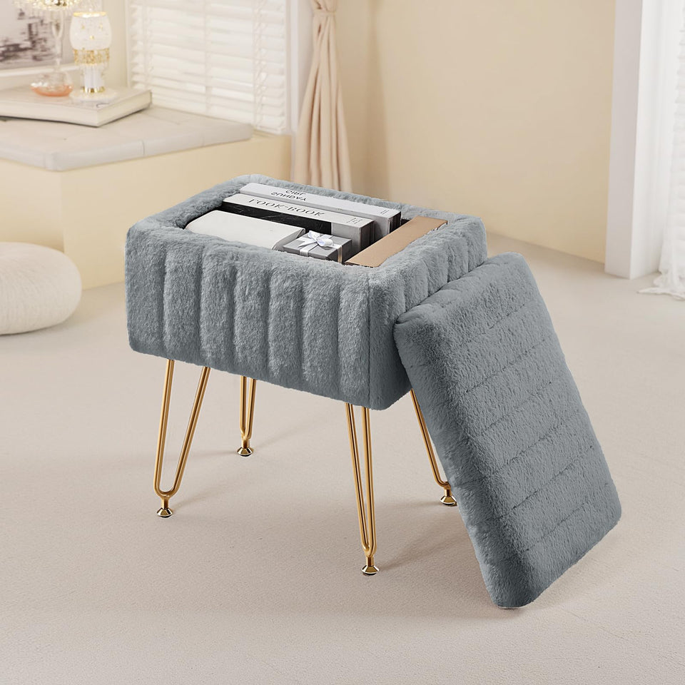 DUMOS Vanity Stool Chair, Ottoman with Storage, Makeup Cute Soft Small Footstool, Modern Style Faux Fur Seat with 4 Metal Legs & Adjustable Feet for Dressing, Living Room, Bedroom, Dorm, Grey