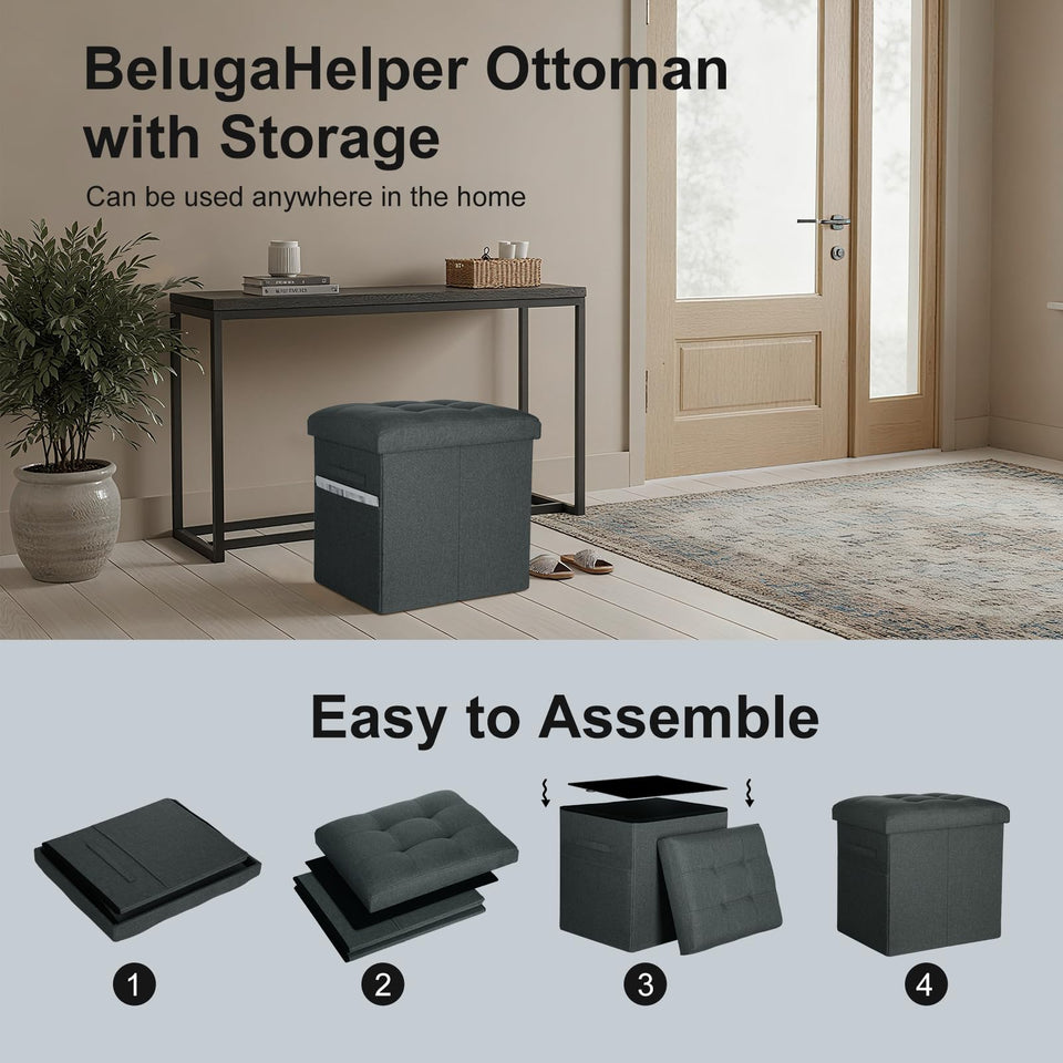 Storage Ottoman with Extra Thick Foam Padded Seat, Foldable Foot Rest Stool with Linen Fabric, 43L Ottoman with Storage Bench for Bedroom Living Room, Holds Up to 300lbs, 17x13x13in, Dark Gray