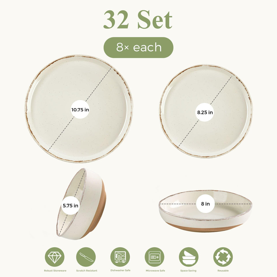 AmorArc Ceramic Dinnerware Sets for 8, 24 Pieces Handpainted Plates and Bowls Set with Rustic Terracotta Underside, Scratch Resistant Stoneware Dishes Set, Dishwasher & Microwave Safe, Light Beige