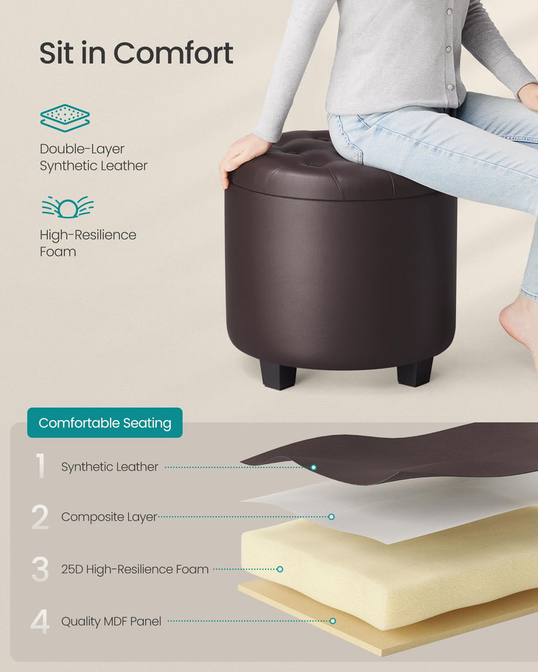 SONGMICS Round Ottoman, Ottoman with Storage, 17.7 Dia. x 17.5 H Inches Foot Rest with Legs, Load up to 330 lb, for Living Room, Bedroom, Dark Gray ULOM011G01