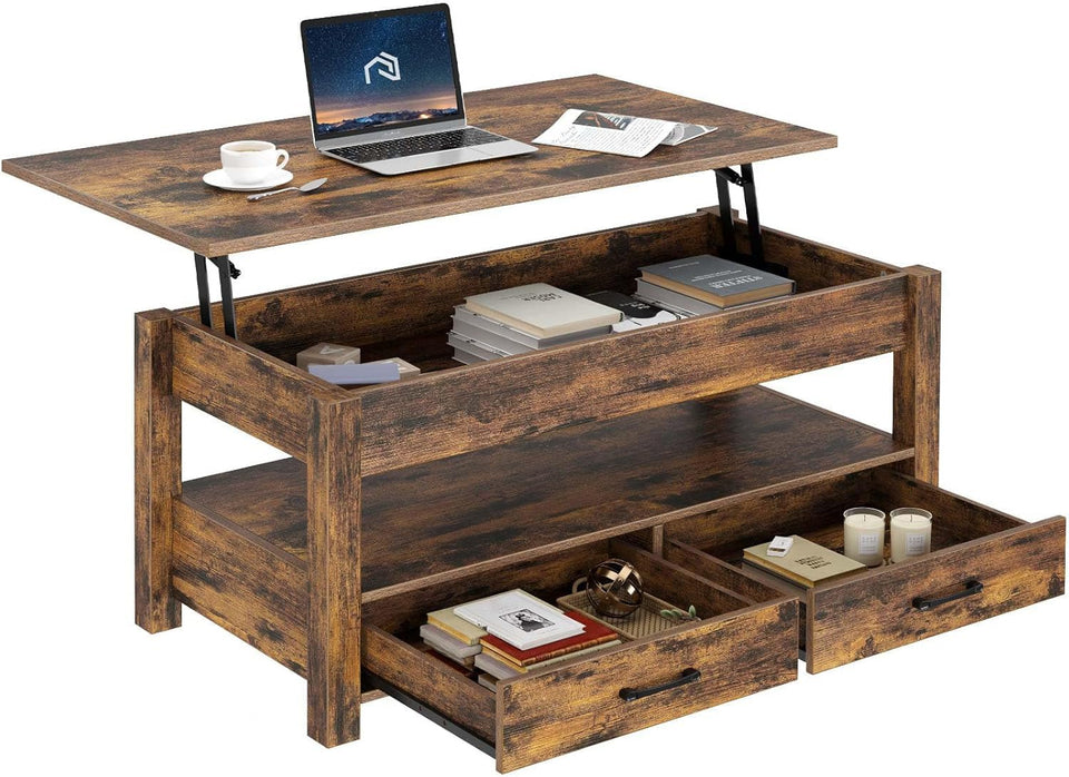 Rolanstar Coffee Table, Lift Top Coffee Table with Drawers and Hidden Compartment, Retro Central Table with Wooden Lift Tabletop, for Living Room,Espresso