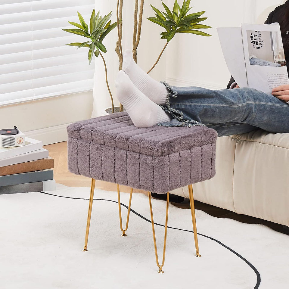 Wimarsbon Storage Ottoman, Vanity Stools with Metal Legs, 16.5" x 11.8" x 18" Modern Faux Mink Fur Footstool, Makeup Chair with Anti-Slip Feet, Accent Table,Footrest,Storage Bench for Bedroom