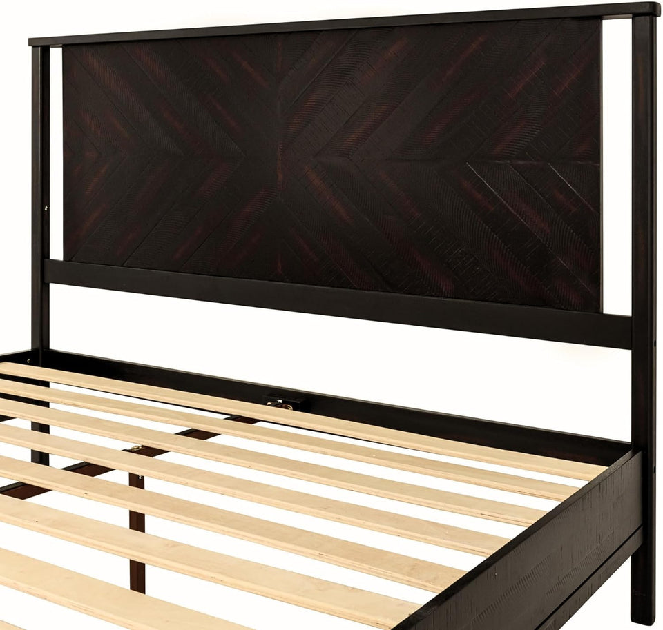 Bme Vivian 14 Inch Deluxe Bed Frame with Headboard, Rustic & Scandinavian Style with Solid Acacia Wood, No Box Spring Needed, 12 Strong Wood Slat Support, Easy Assembly, King, Rustic Golden Brown