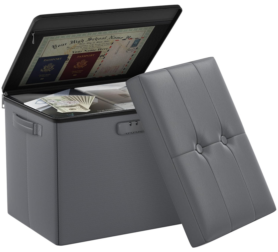 DocSafe Storage Ottoman with Lock,Fireproof Folding Ottoman Foot Rest Stool Storage Chest with Storage Safe for Important Documents,Waterproof 17 Inches Short Ottoman Foot Stool with Handles,Black