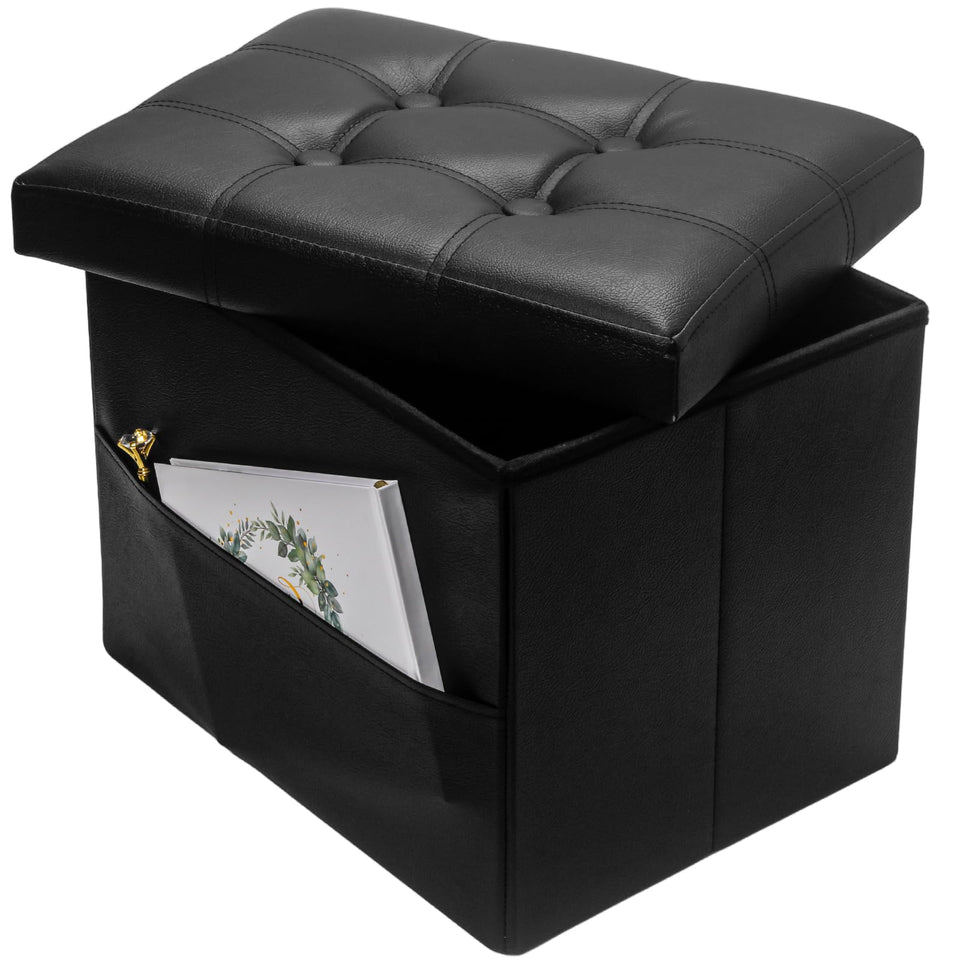 Bsketa Storage Ottoman, Folding Foot Stool with Thicker Foam Padded Seat Small Leather Storage Ottoman Bench Foot Rest for Living Room Foldable Coffee Table 17x13x13in,Black