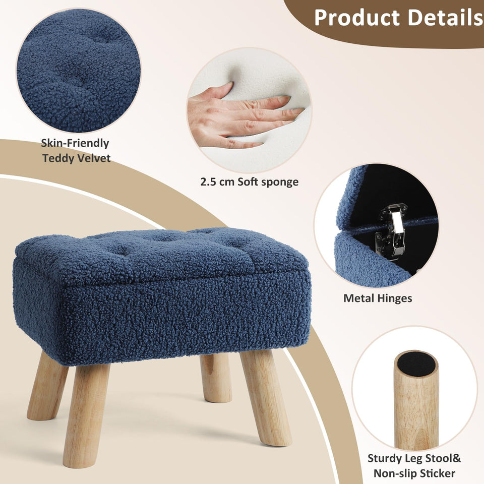 OGEMXU Storage Ottoman, Small Foot Stool Ottoman with Storage, Boucle Teddy Velvet Foot Rest with Padded Seat, Sturdy Wood Legs Stool for Living Room, Bedroom, Couch, Enterway (Cream)
