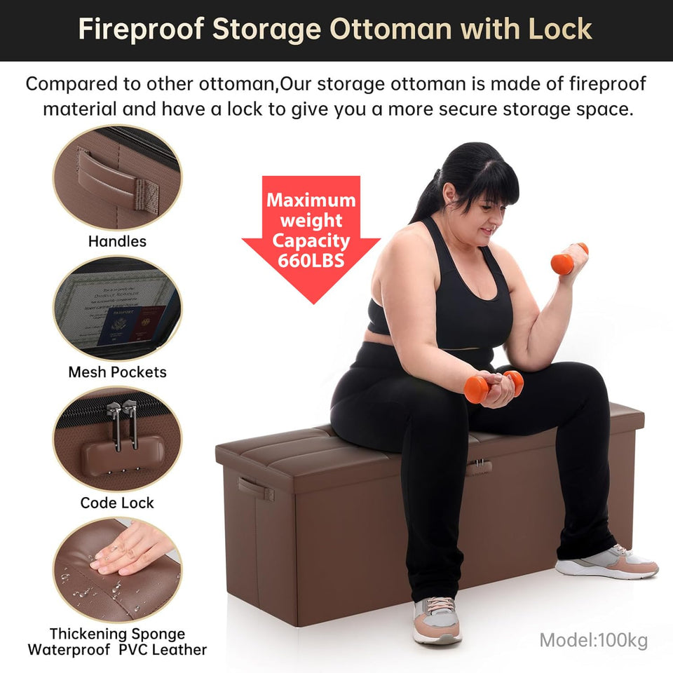 DocSafe Storage Ottoman with Lock,Fireproof Folding Ottoman Foot Rest Stool Storage Chest with Storage Safe for Important Documents,Waterproof 17 Inches Short Ottoman Foot Stool with Handles,Black