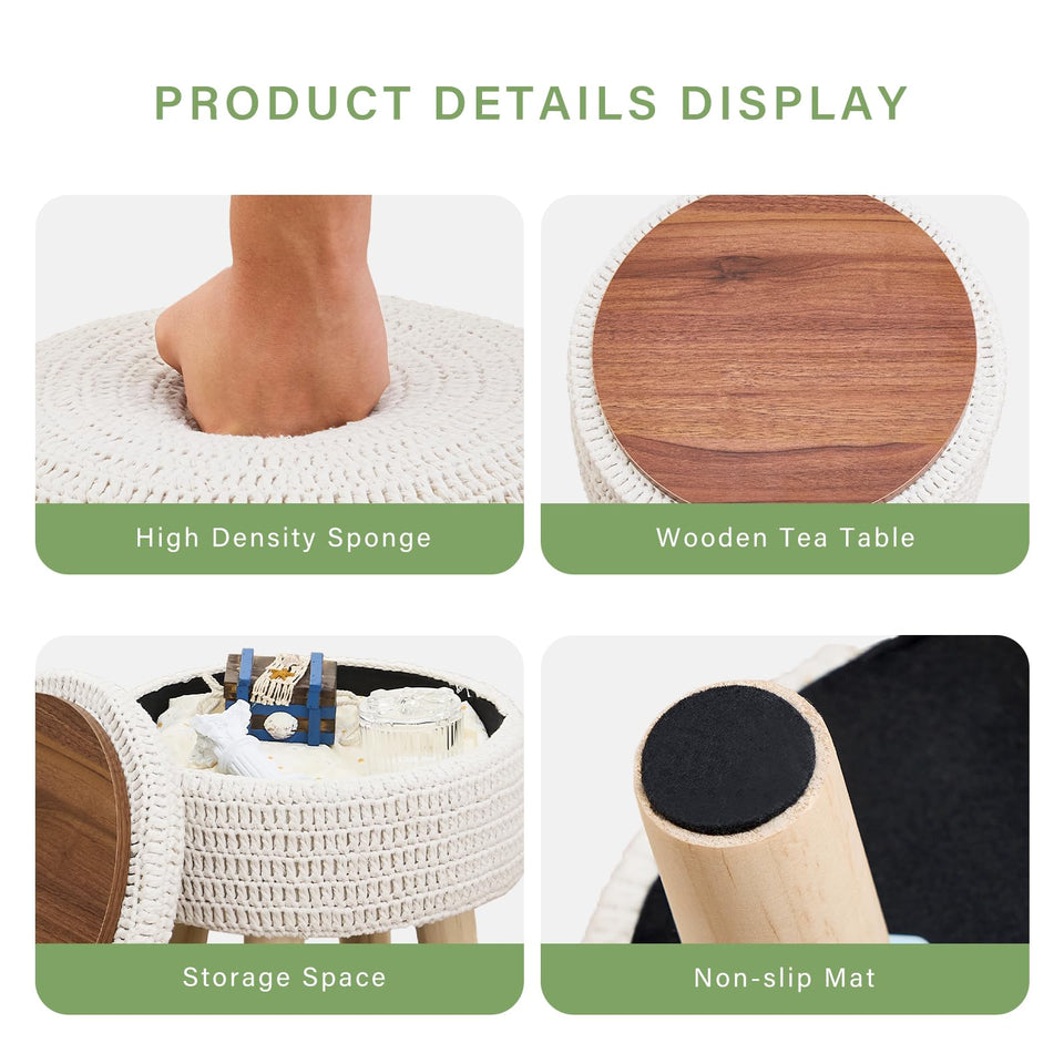 Wimarsbon Pouf Ottoman, 100% Cotton Knitted Boho Footstool, Round Footrest with Non-Skid Wood Legs, Home Décor Handmade Pouffe, Leisure Floor Step Stool for Living Room (Beige)