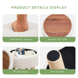 Wimarsbon Pouf Ottoman, 100% Cotton Knitted Boho Footstool, Round Footrest with Non-Skid Wood Legs, Home Décor Handmade Pouffe, Leisure Floor Step Stool for Living Room (Beige)