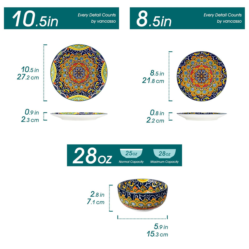 vancasso 24 Pieces Dinnerware Sets, Plates and Bowls Set, Porcelain Dishes Set for 6, Microwave and Dishwasher Safe, Scratch Resistant, Bohemian Style Dining Ware Service for 6, Series SIMI