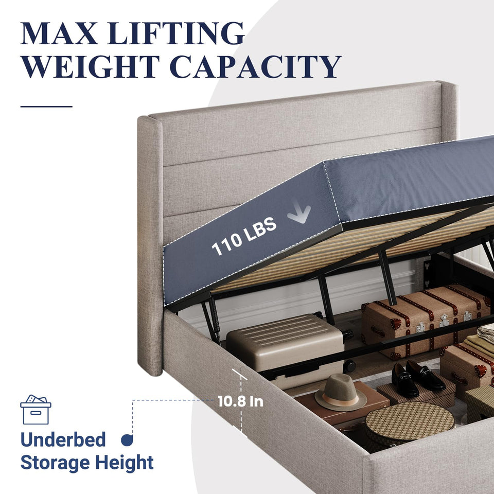 Allewie King Size Lift Up Storage Bed, Modern Wingback Headboard, Hydraulic Support, No Box Spring Needed, Light Beige