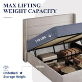 Allewie King Size Lift Up Storage Bed, Modern Wingback Headboard, Hydraulic Support, No Box Spring Needed, Light Beige