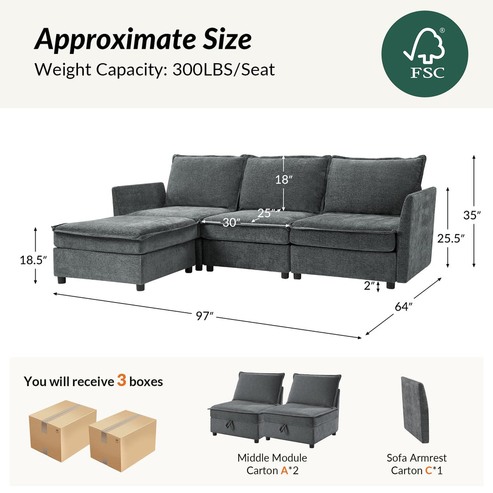 HULALA HOME 127'' Modular Sectional Sofa, Oversized U Shaped Couch with Storage Ottoman, Comfy Chenille Sofa with Deep Seat, 6 Seat Convertible Couches for Living Room, Beige