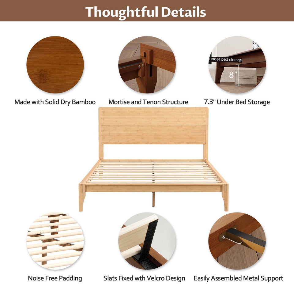 Merax Queen Size Bamboo Platform Bed, Mid-Century Modern Bed Frame with Tall Headboard, Solid Sustainable Bedframe Queen-size, Wood Slat Support, No Box Spring Needed, Easy Assembly, Noise Free, Brown
