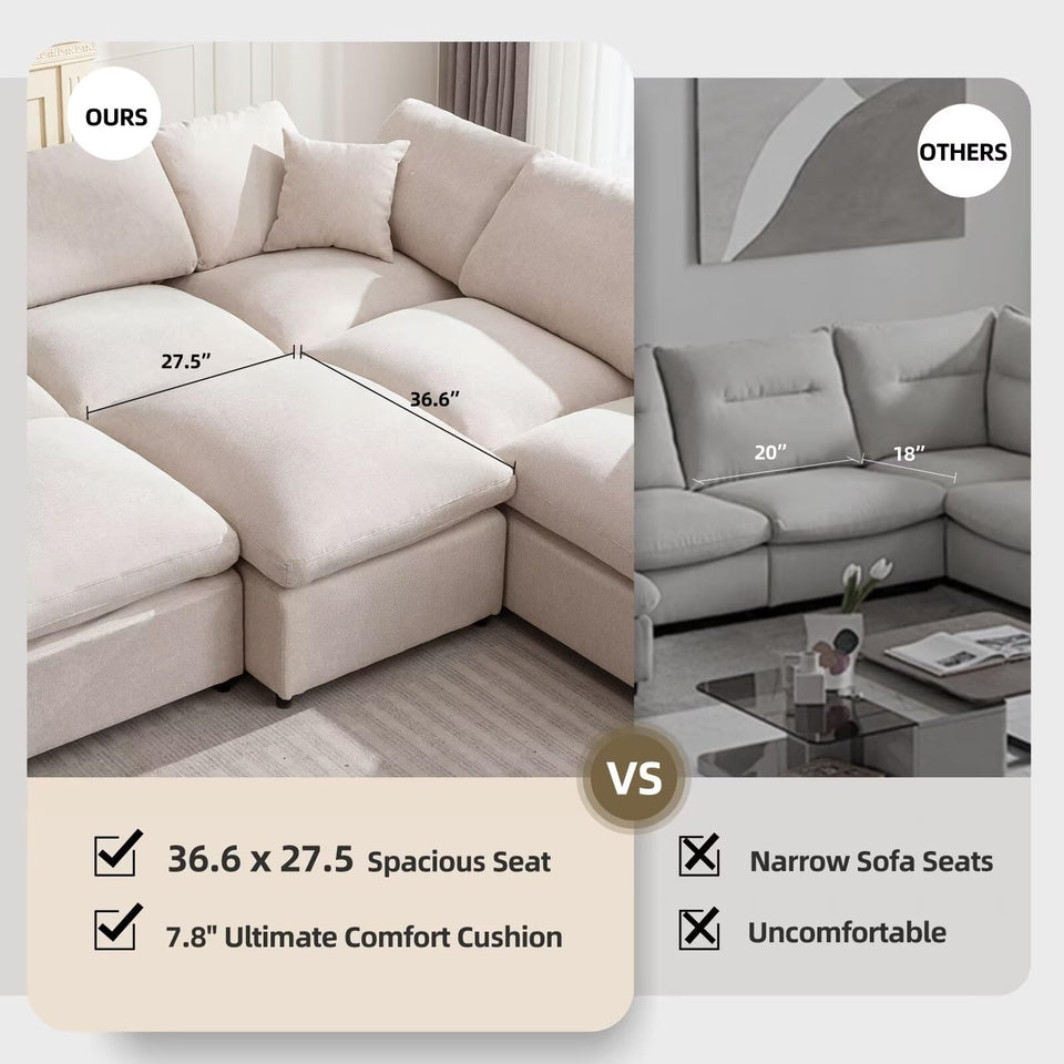 Siiejia Modular Sectional Sofa Modern Oversized Cloud Couch with Movable Ottoman 7 Seater L-Shaped Sofas Comfy Couches for Living Room Spacious Space Office Lounge, Beige